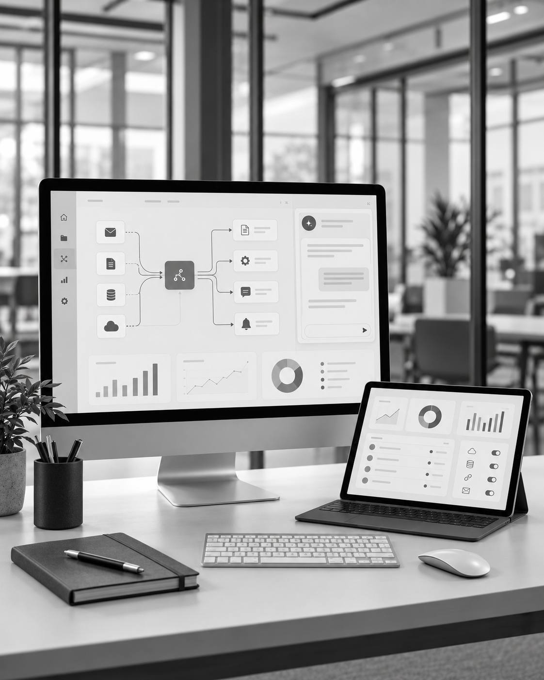 AI assistant and automation dashboard shown on desktop and tablet in a modern office