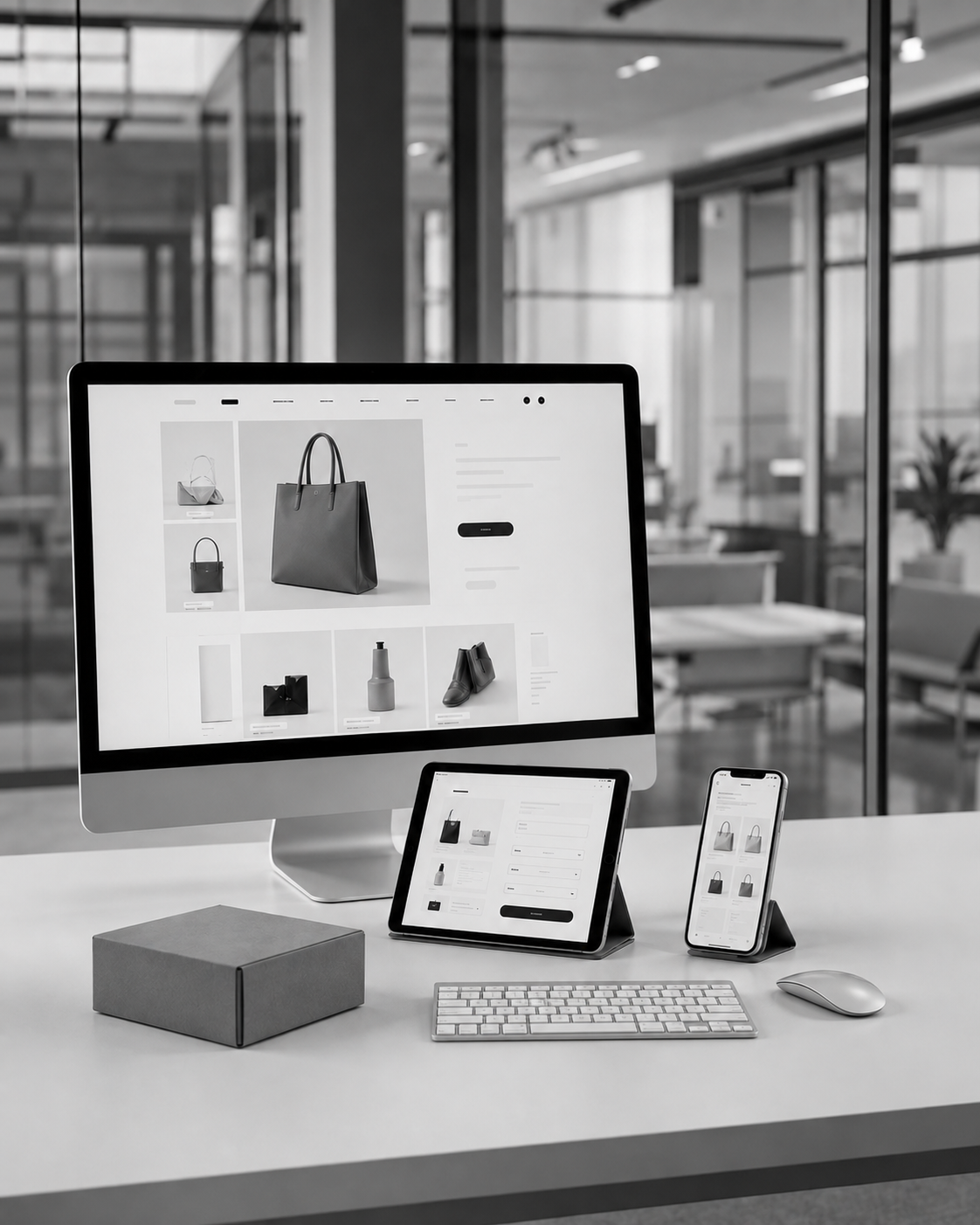 eCommerce website shown on desktop, tablet and phone in a modern workspace