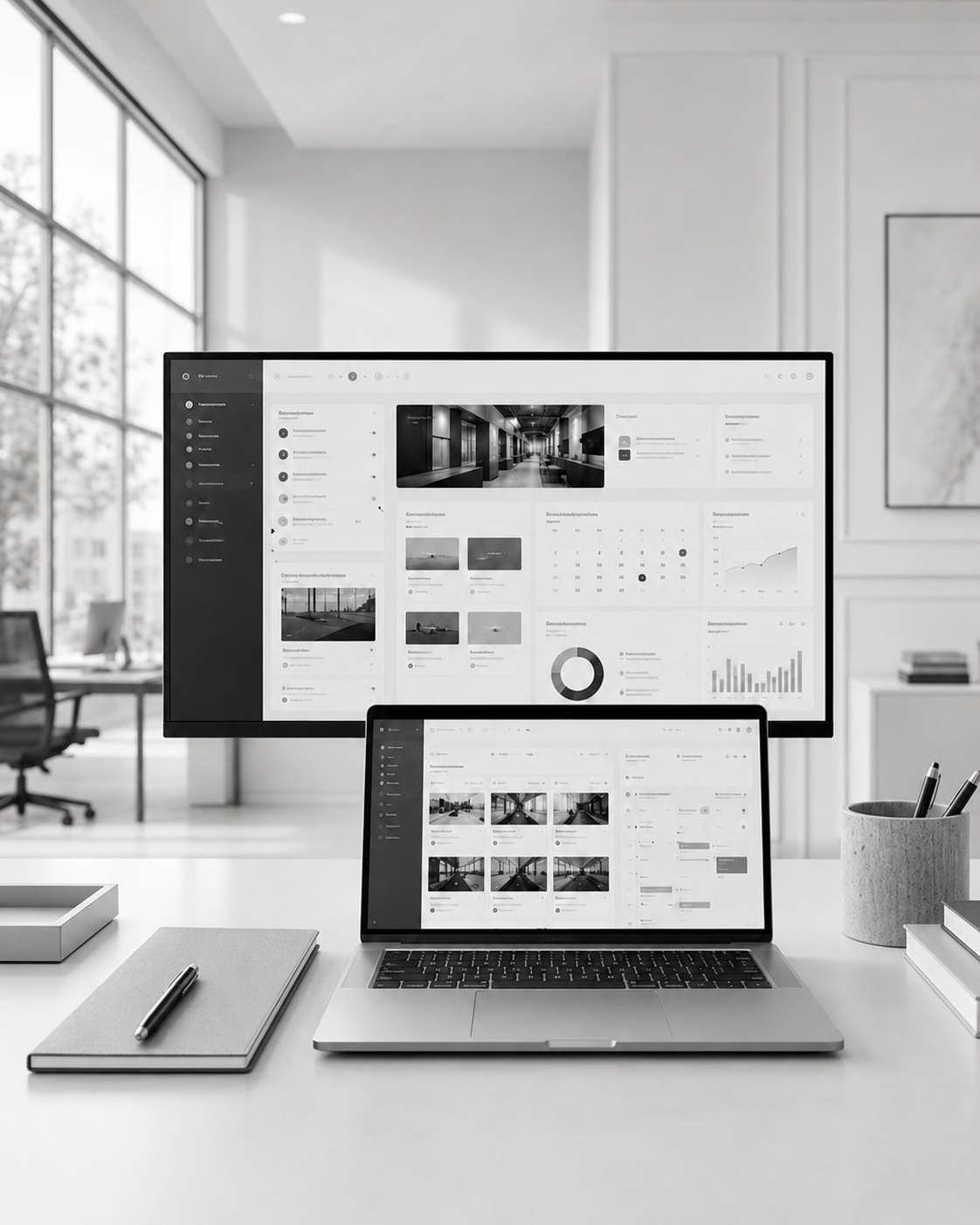 Custom digital platform dashboards shown on desktop monitor and laptop in a modern office