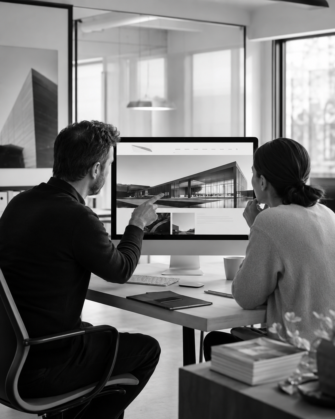 Two people reviewing a business website design on a large monitor in a modern office